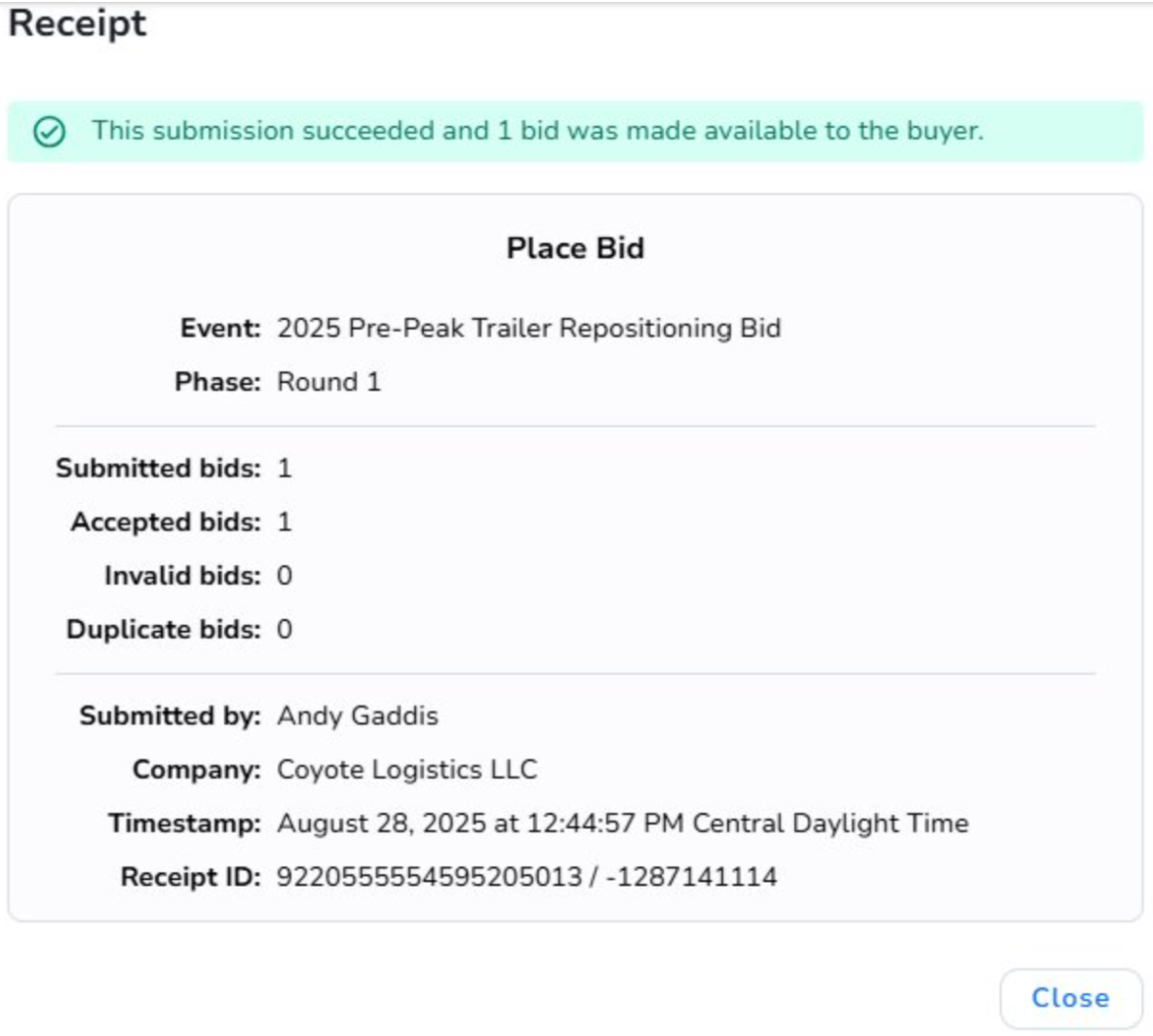 Online Bid Success Receipt