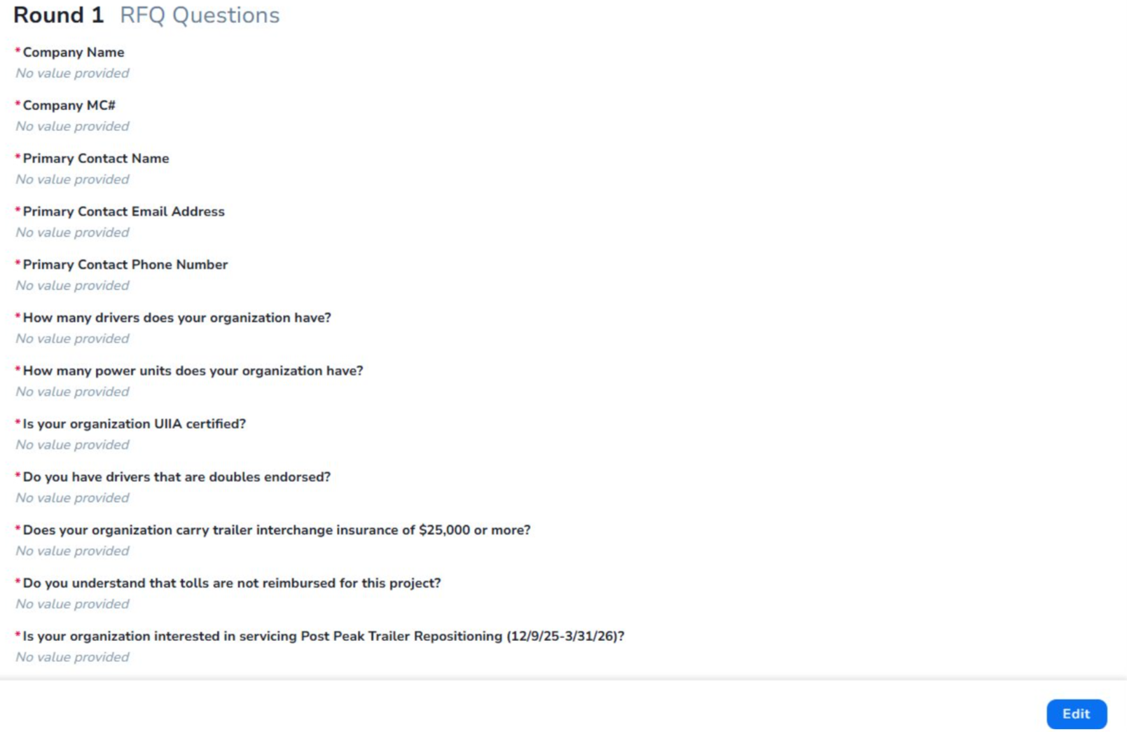 Complete RFQ questions before bid